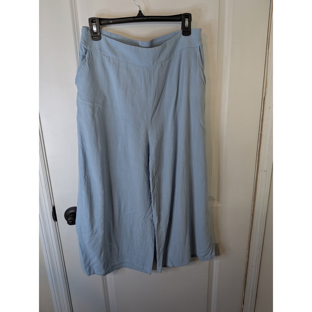 Blue Linen Blend Two Piece Set Sleeveless Button Back Top Wide Leg Pants XL